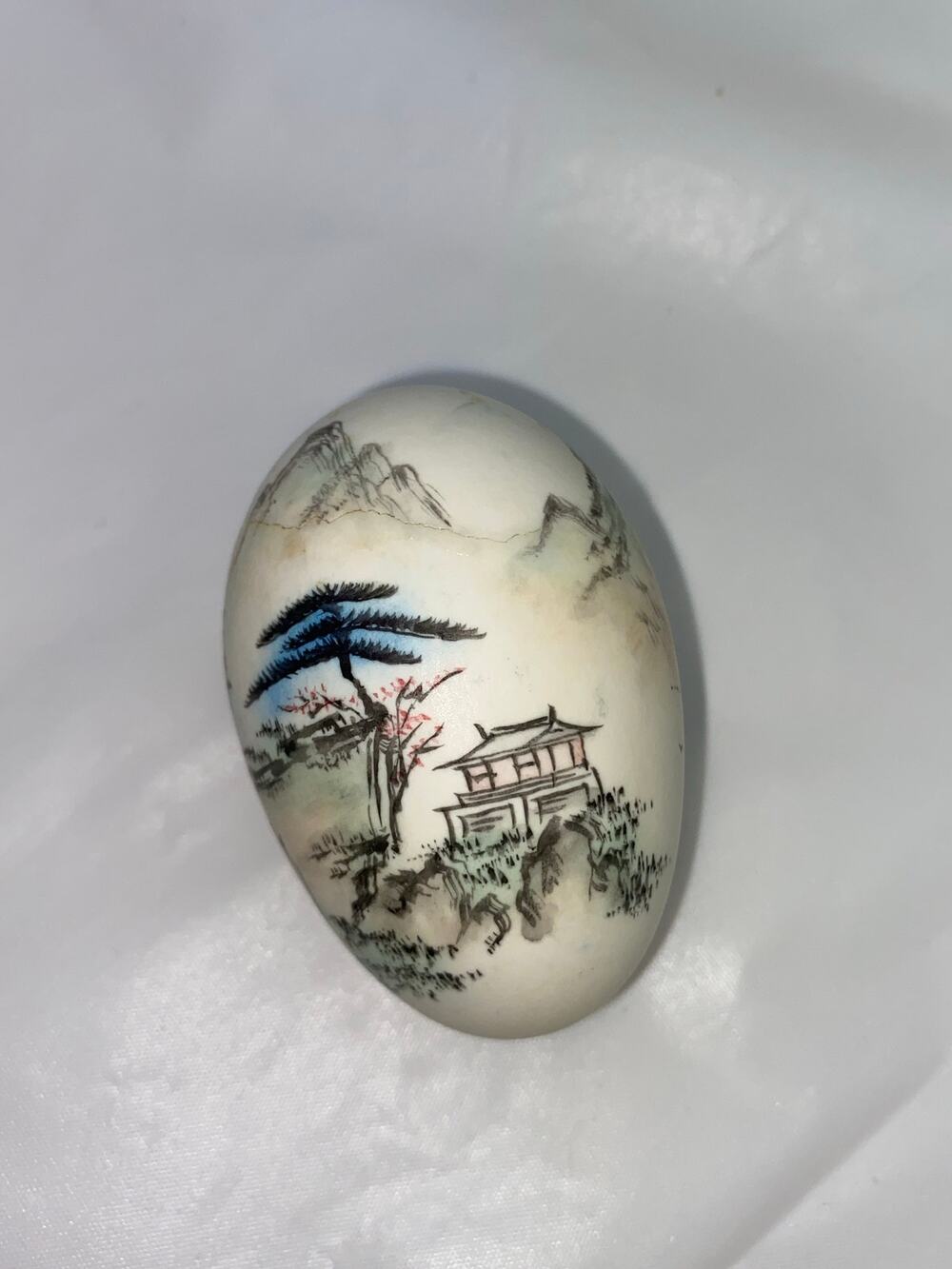 Vintage Hand Painted Chinese Eggshell Art Miniature Shanshui Landscape Pagoda